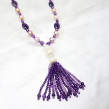 Load image into Gallery viewer, Amethyst Neclace with Fine-Lustre Gray & Mauve Round Freshwater Pearls Hand-Knotted on Silk with a White Keishi Pearl & Amethyst Tassle - The Gem Mine