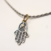 Load image into Gallery viewer, Hand-Crafted Sterling Silver Hamsa Pendant Necklace with 24kt Gold & Diamond Accents