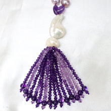 Load image into Gallery viewer, Amethyst Neclace with Fine-Lustre Gray & Mauve Round Freshwater Pearls Hand-Knotted on Silk with a White Keishi Pearl & Amethyst Tassle - The Gem Mine