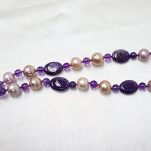 Load image into Gallery viewer, Amethyst Neclace with Fine-Lustre Gray & Mauve Round Freshwater Pearls Hand-Knotted on Silk with a White Keishi Pearl & Amethyst Tassle - The Gem Mine