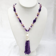 Load image into Gallery viewer, Amethyst Neclace with Fine-Lustre Gray & Mauve Round Freshwater Pearls Hand-Knotted on Silk with a White Keishi Pearl & Amethyst Tassle - The Gem Mine