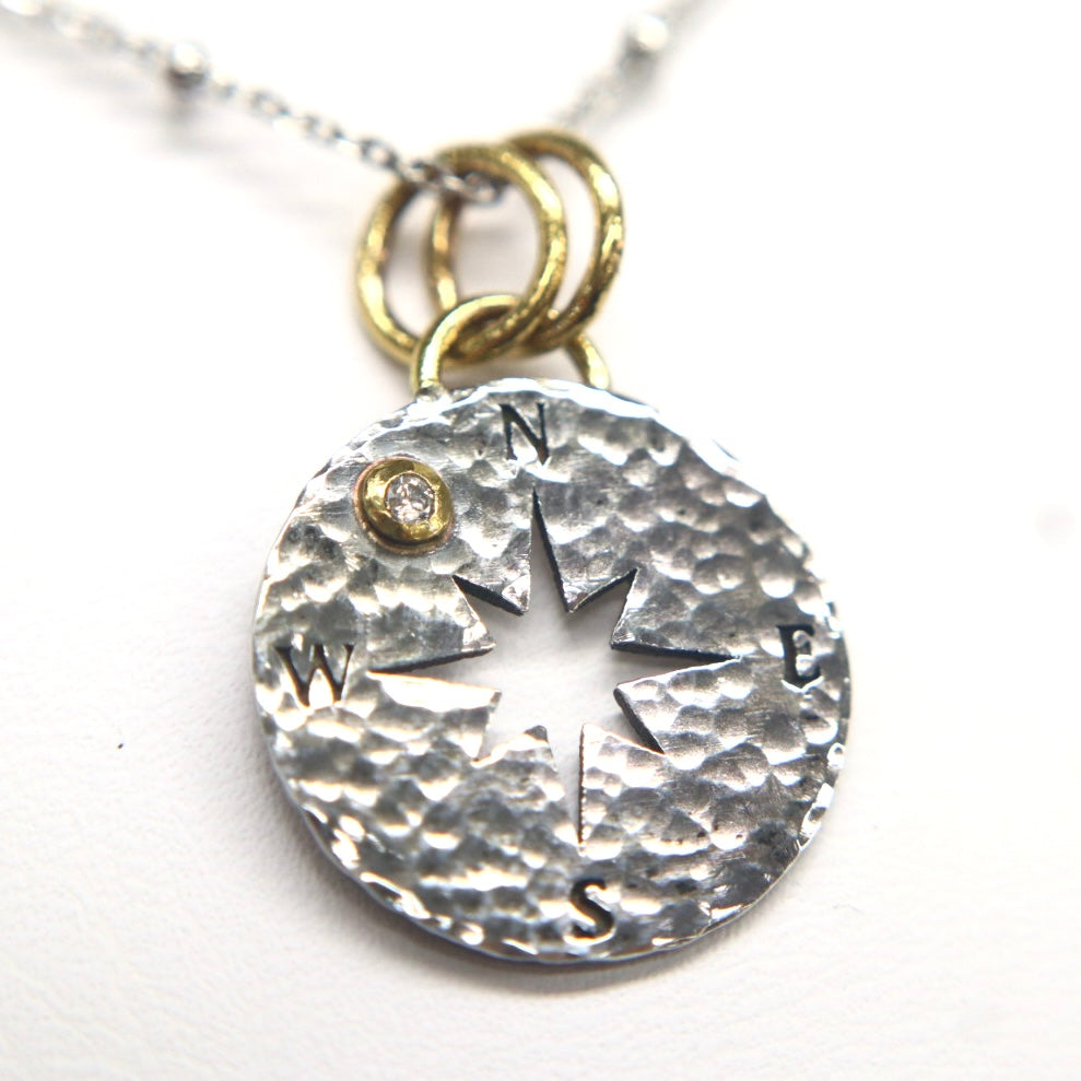 Hand-crafted Sterling Silver & 24kt Gold Diamond Compass Necklace