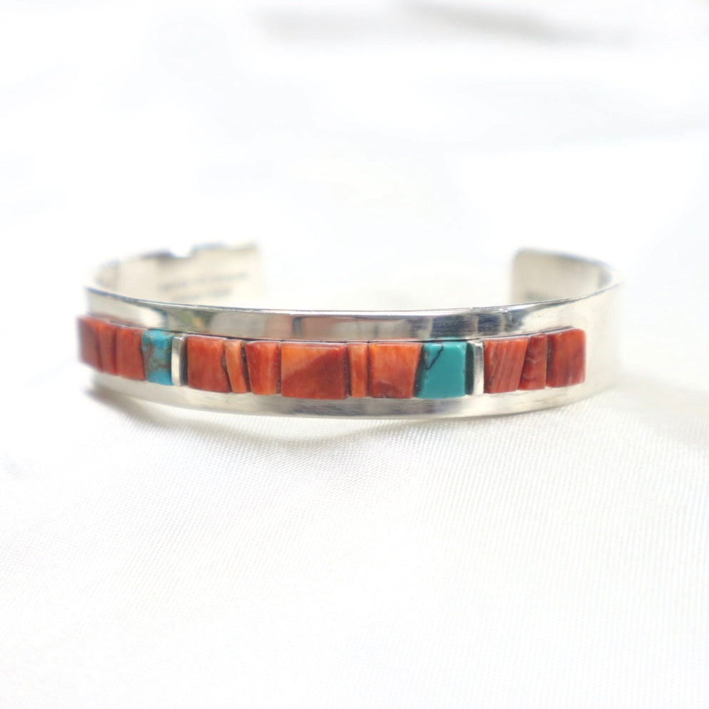 Handmade Sterling Silver Cobblestone Inlay Cuff Bracelet signed by Navajo artists Ed & Patricia Becenti