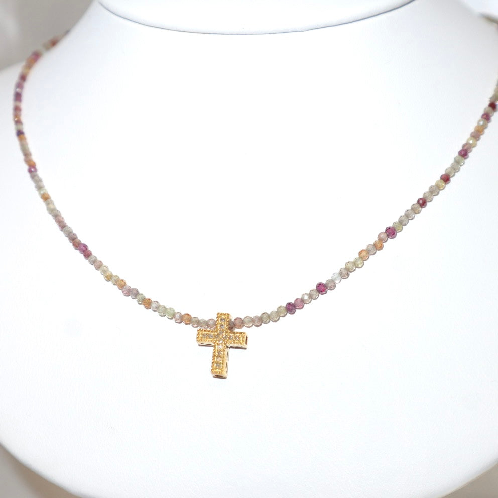 Multi-Color Sapphire Necklace with 18 Karat Gold Vermeil Diamond Pendant