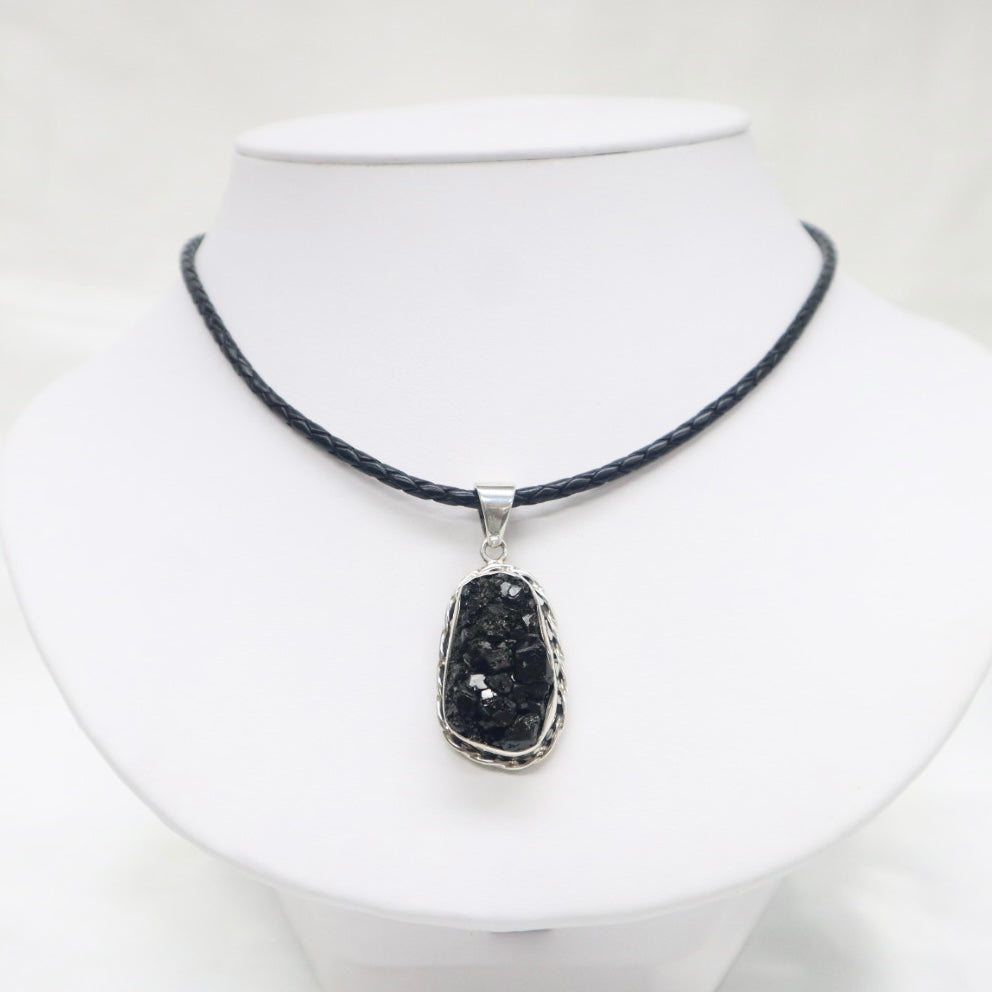 Sterling Silver Black Melanite Garnet Crystal Cluster Pendant Necklace