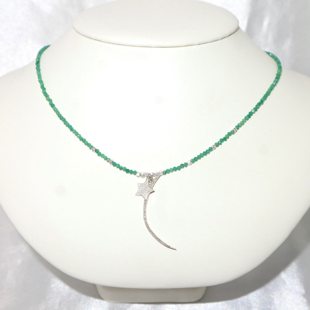 Faceted Emerald Bead & Sterling Silver Necklace with Diamond Moon & Star Pendants