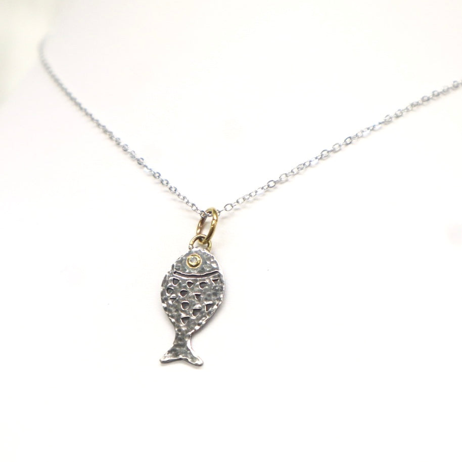 Hand-crafted Sterling Silver Fish Pendant Necklace with 24kt Gold & Diamond Accent