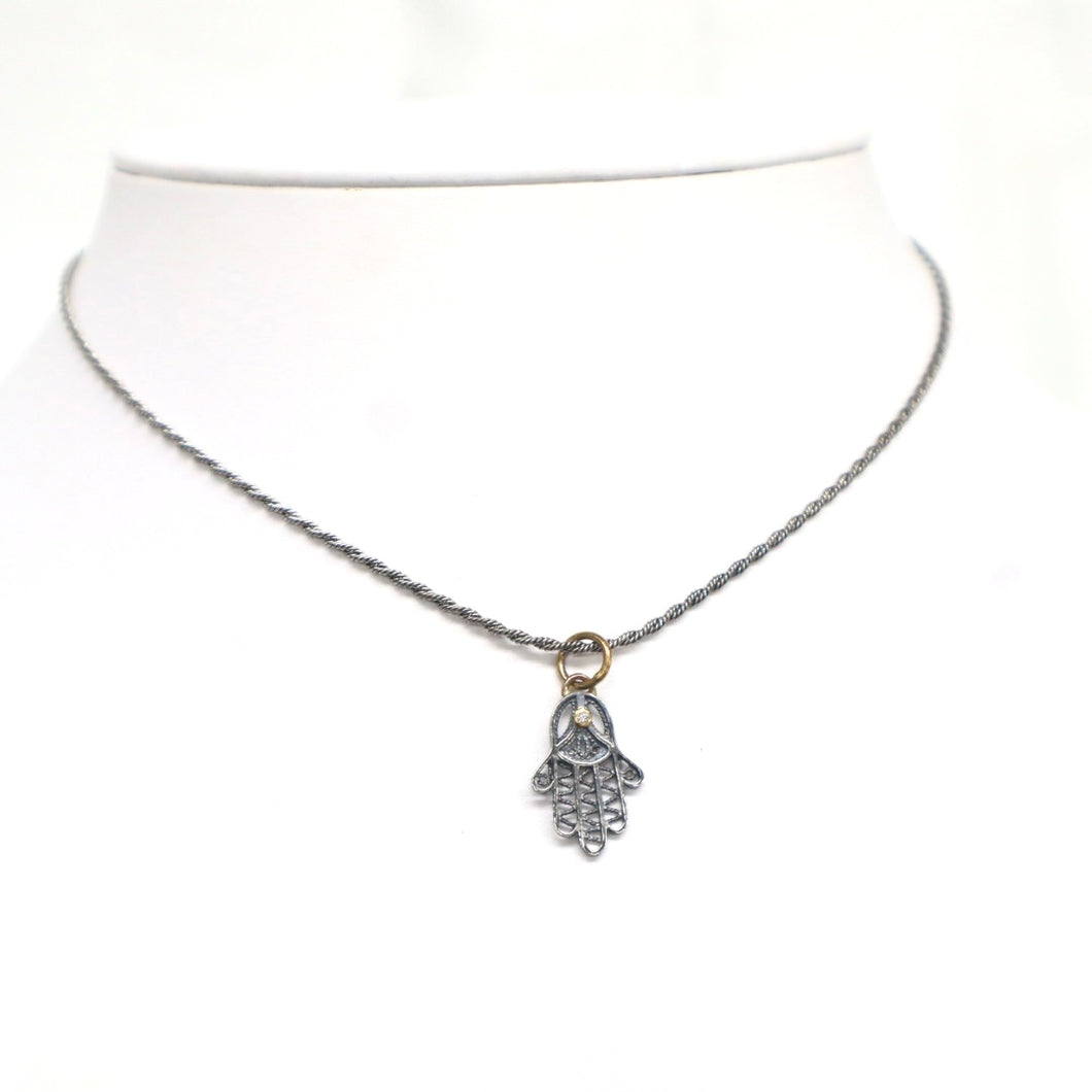 Hand-Crafted Sterling Silver Hamsa Pendant Necklace with 24kt Gold & Diamond Accents