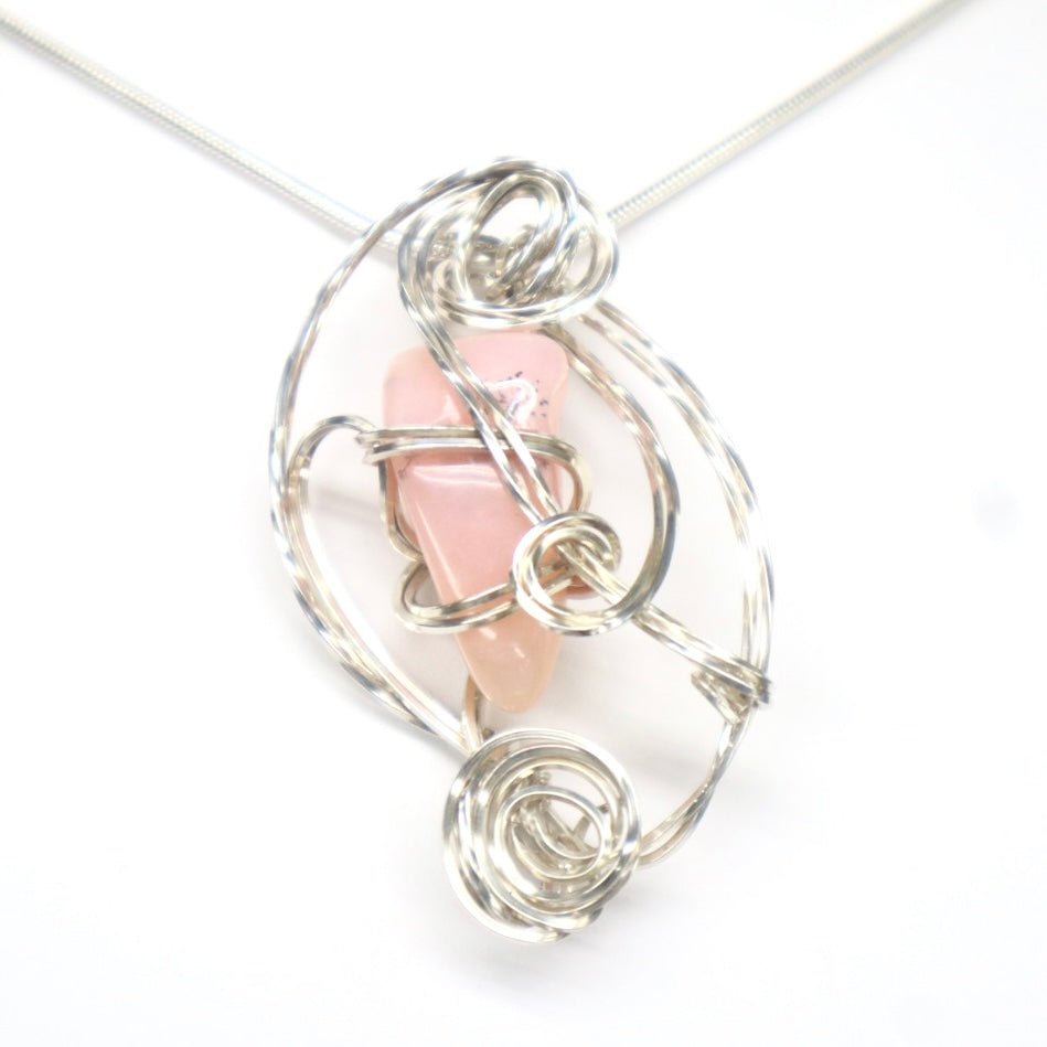 Handmade Sterling Silver Wire-Wrapped Pink Opal Pendant Necklace