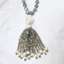 Load image into Gallery viewer, Handmade Faceted Labradorite &amp; White Keishi Freshwater Pearl Necklace - The Gem Mine

