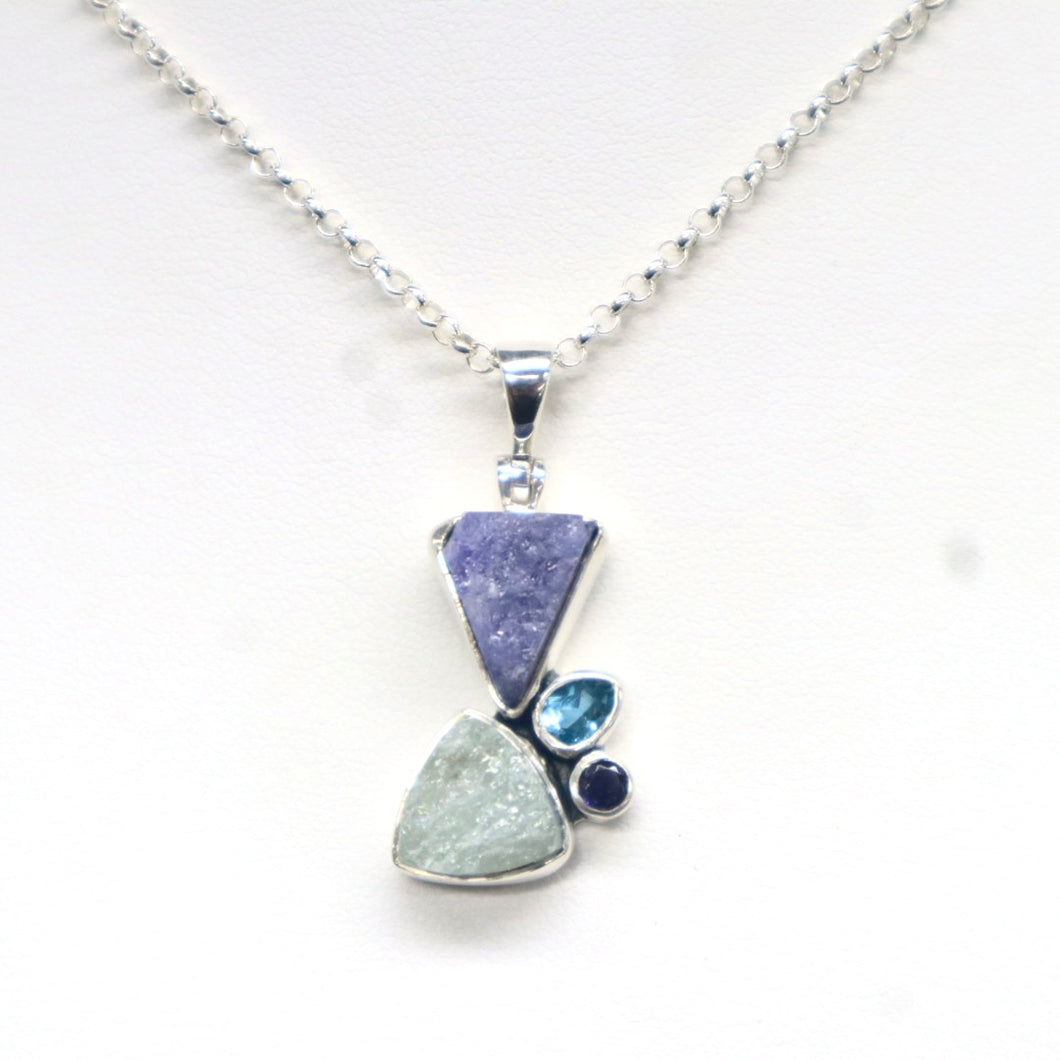 Handmade Sterling Silver Pendant Necklace set with Tanzanite, Aquamarine, Blue Topaz, & Iolite