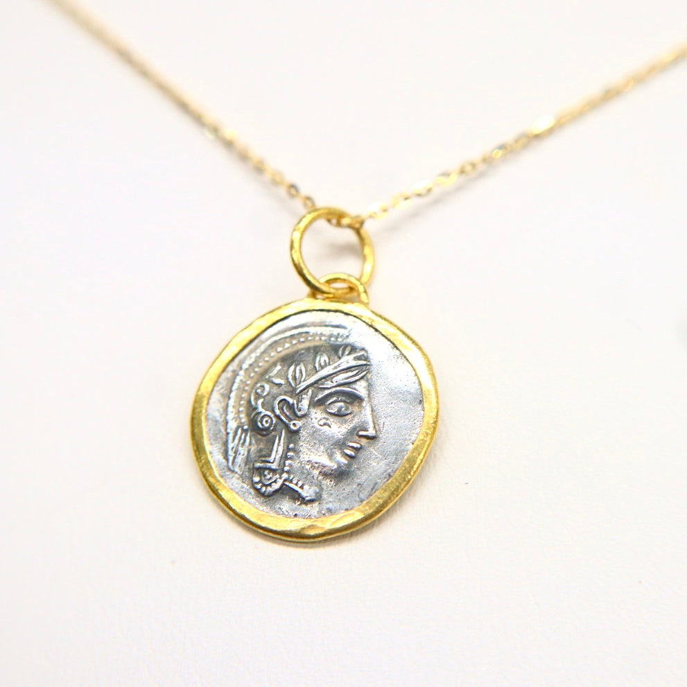 Hand-crafted Sterling Silver & 24kt Gold Reversible Athena “Coin” Pendant Necklace