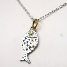 Load image into Gallery viewer, Hand-crafted Sterling Silver Fish Pendant Necklace with 24kt Gold &amp; Diamond Accent
