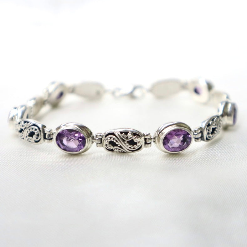 Sterling Silver Bali-Style Bracelet set with Faceted Amethyst - The Gem Mine