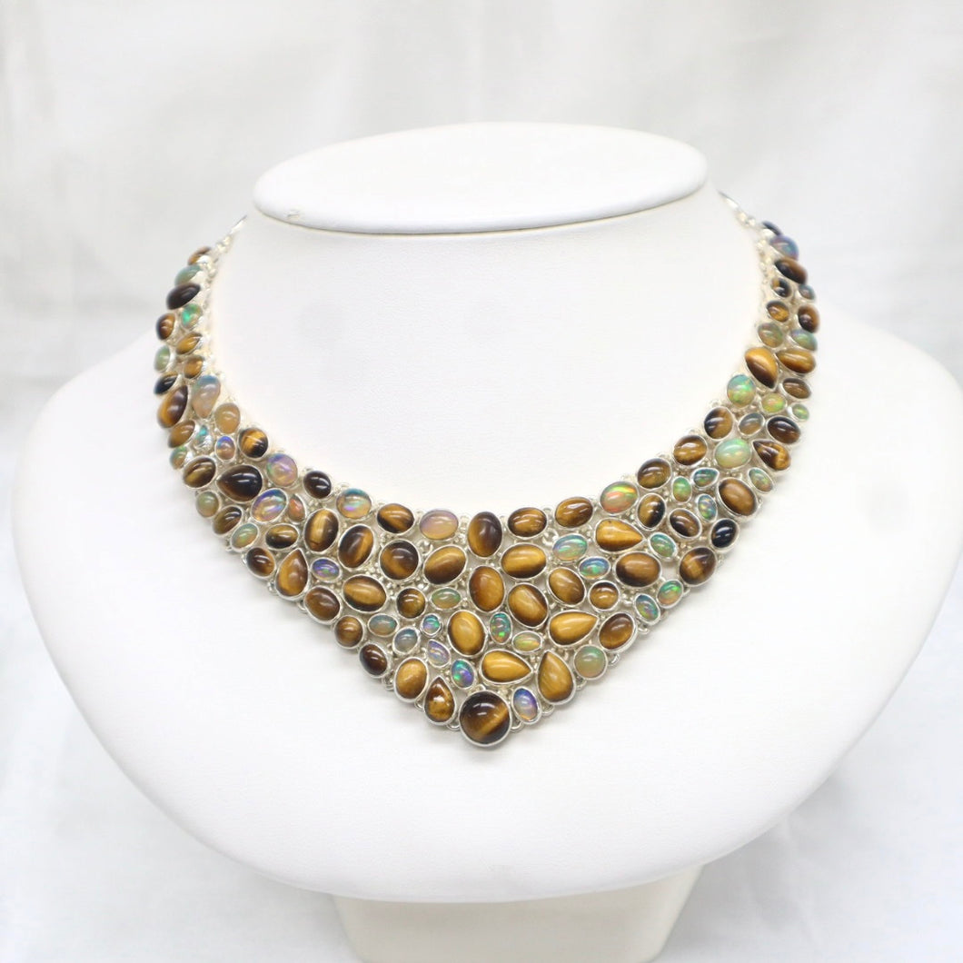 Handmade Sterling Silver Tiger's Eye and Ethiopian Opal Collar Necklace