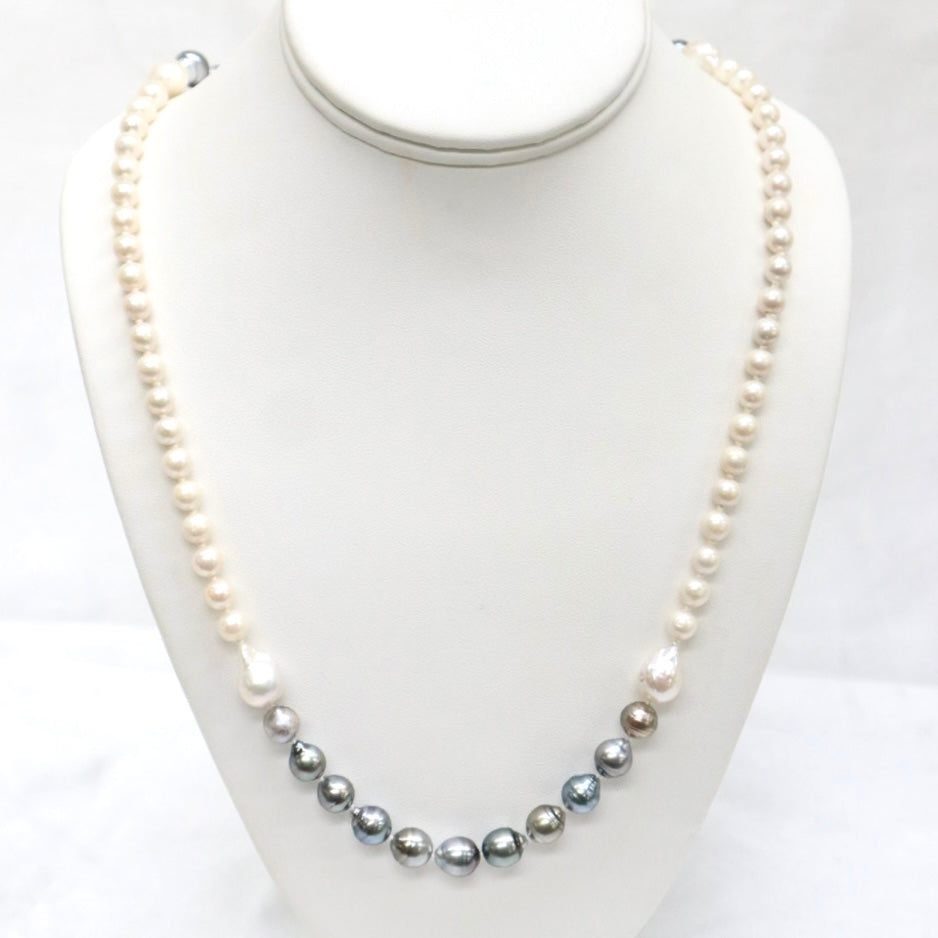 White Freshwater & Black Tahitian Pearl Necklace Hand-Knotted on Silk - The Gem Mine