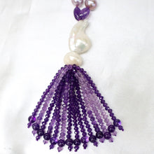 Load image into Gallery viewer, Amethyst Neclace with Fine-Lustre Gray &amp; Mauve Round Freshwater Pearls Hand-Knotted on Silk with a White Keishi Pearl &amp; Amethyst Tassle - The Gem Mine
