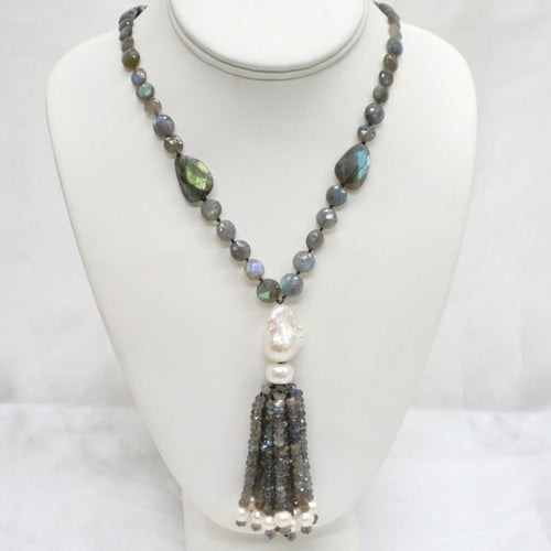 Handmade Faceted Labradorite & White Keishi Freshwater Pearl Necklace - The Gem Mine