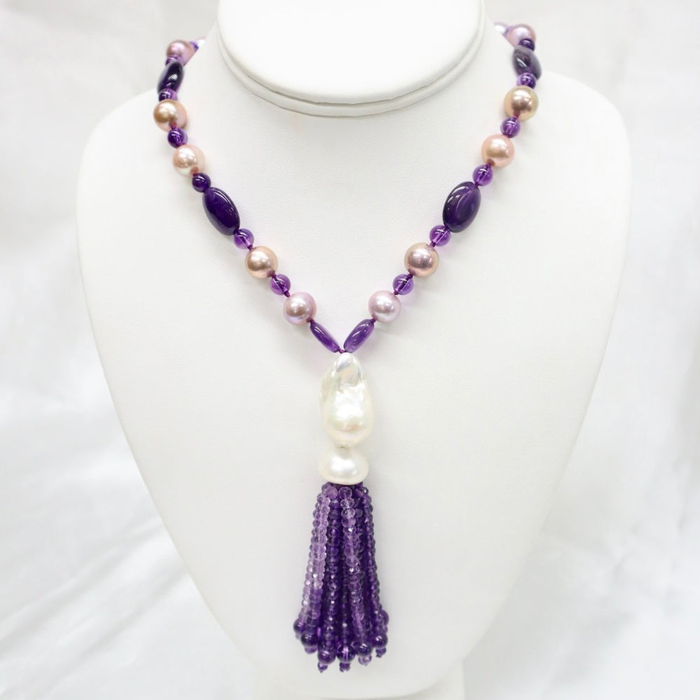 Amethyst Neclace with Fine-Lustre Gray & Mauve Round Freshwater Pearls Hand-Knotted on Silk with a White Keishi Pearl & Amethyst Tassle - The Gem Mine