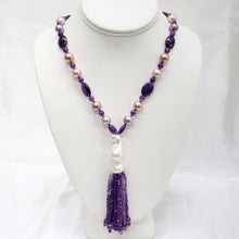 Load image into Gallery viewer, Amethyst Neclace with Fine-Lustre Gray &amp; Mauve Round Freshwater Pearls Hand-Knotted on Silk with a White Keishi Pearl &amp; Amethyst Tassle - The Gem Mine
