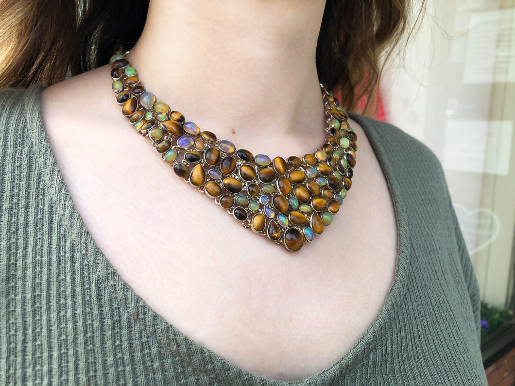 Sterling Silver Tiger's Eye and Ethiopian Opal Collar Necklace - The Gem Mine