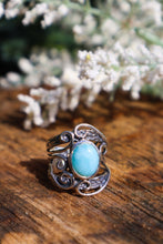 Load image into Gallery viewer, Handmade sterling silver swirl design ring with larimar stone -Front View
