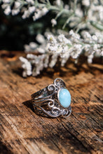 Load image into Gallery viewer, Handmade sterling silver swirl design ring with larimar stone -Side View
