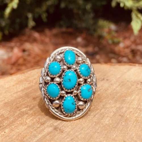 Handmade Sterling Silver And Kingman Turquoise Cluster Ring - The Gem Mine
